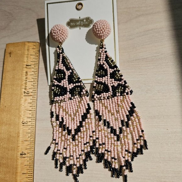 MUD PIE NWT beaded statement animal print earrings black brown pink - Picture 3 of 5